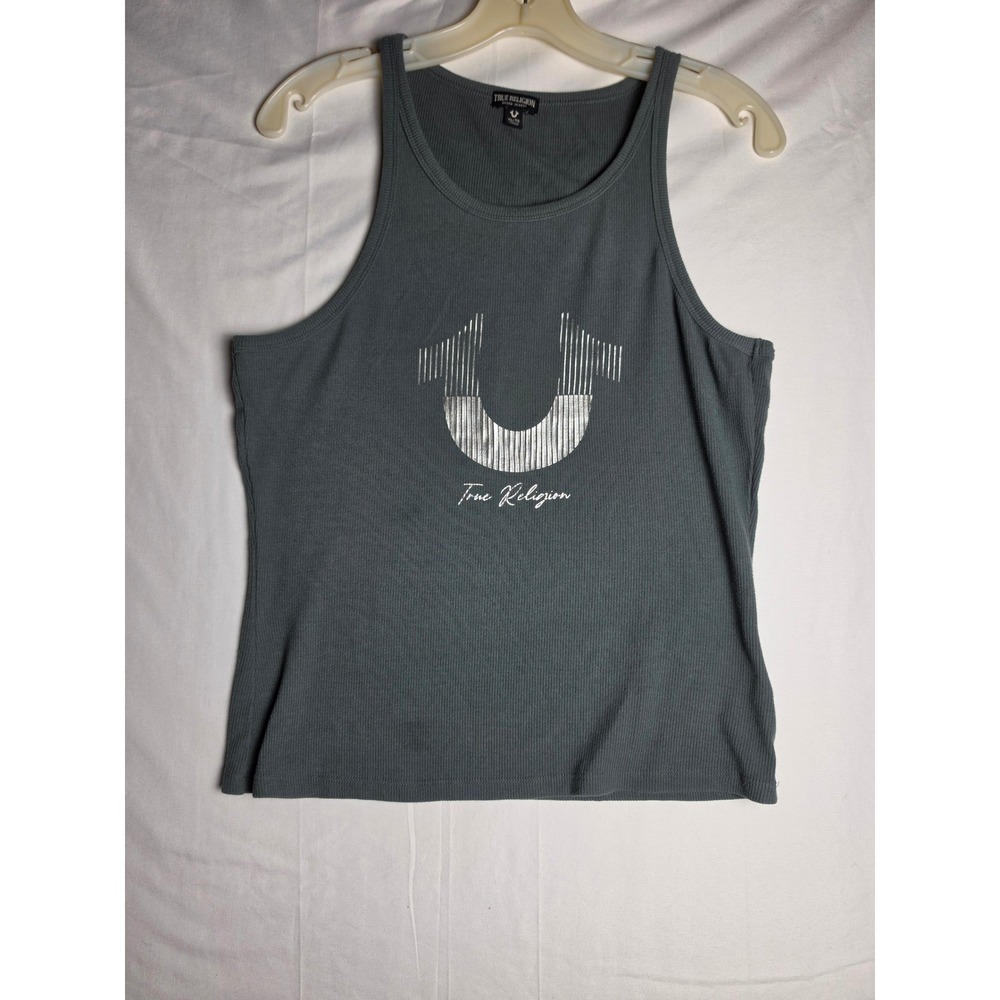 True Religion Horseshoe Foil Tank Top Gray Silver Metallic Ribbed XL 45021-00